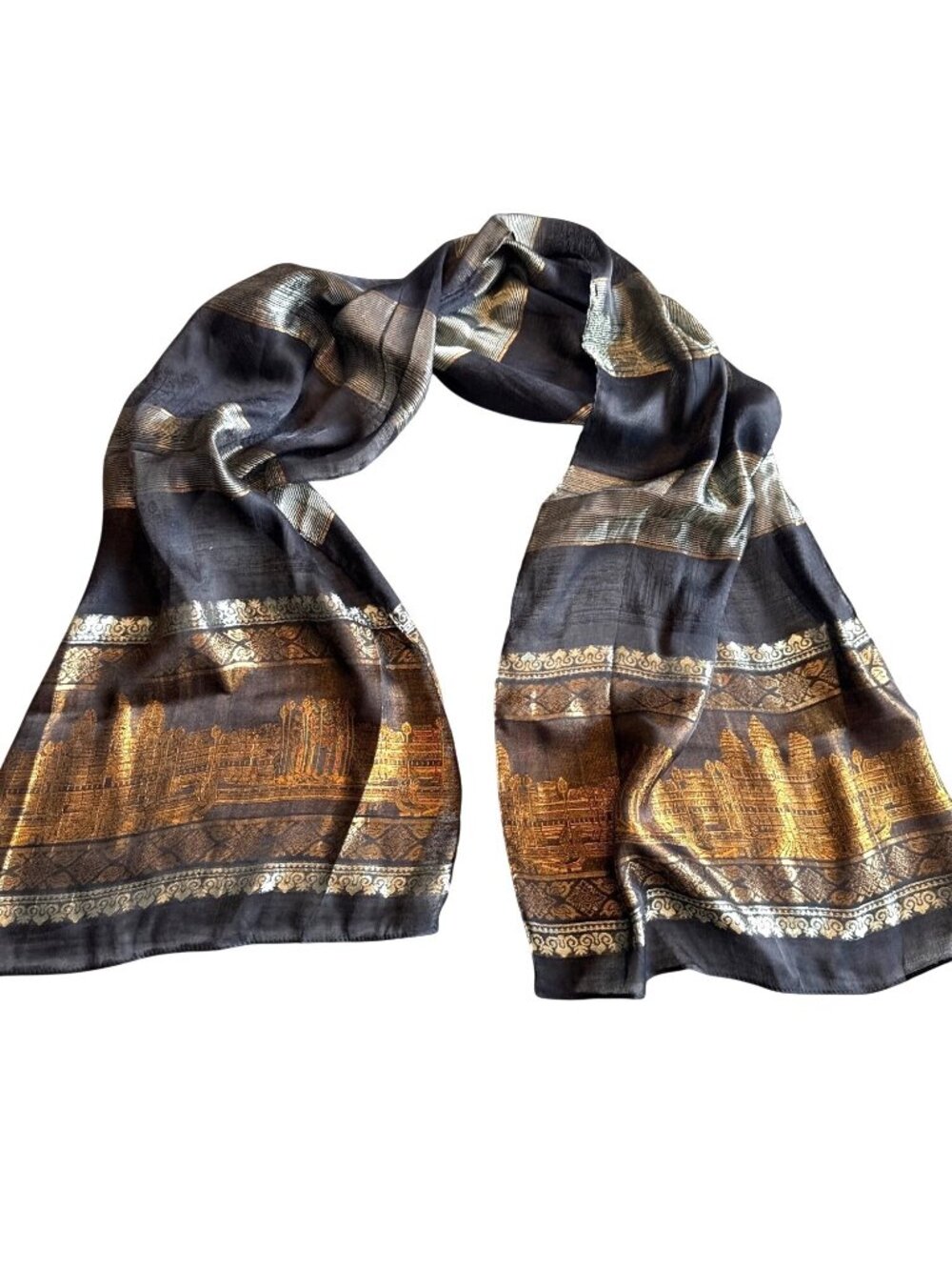 Black Gold Copper Rectangle Striped 100% Silk Scarf Fall Gift Formal